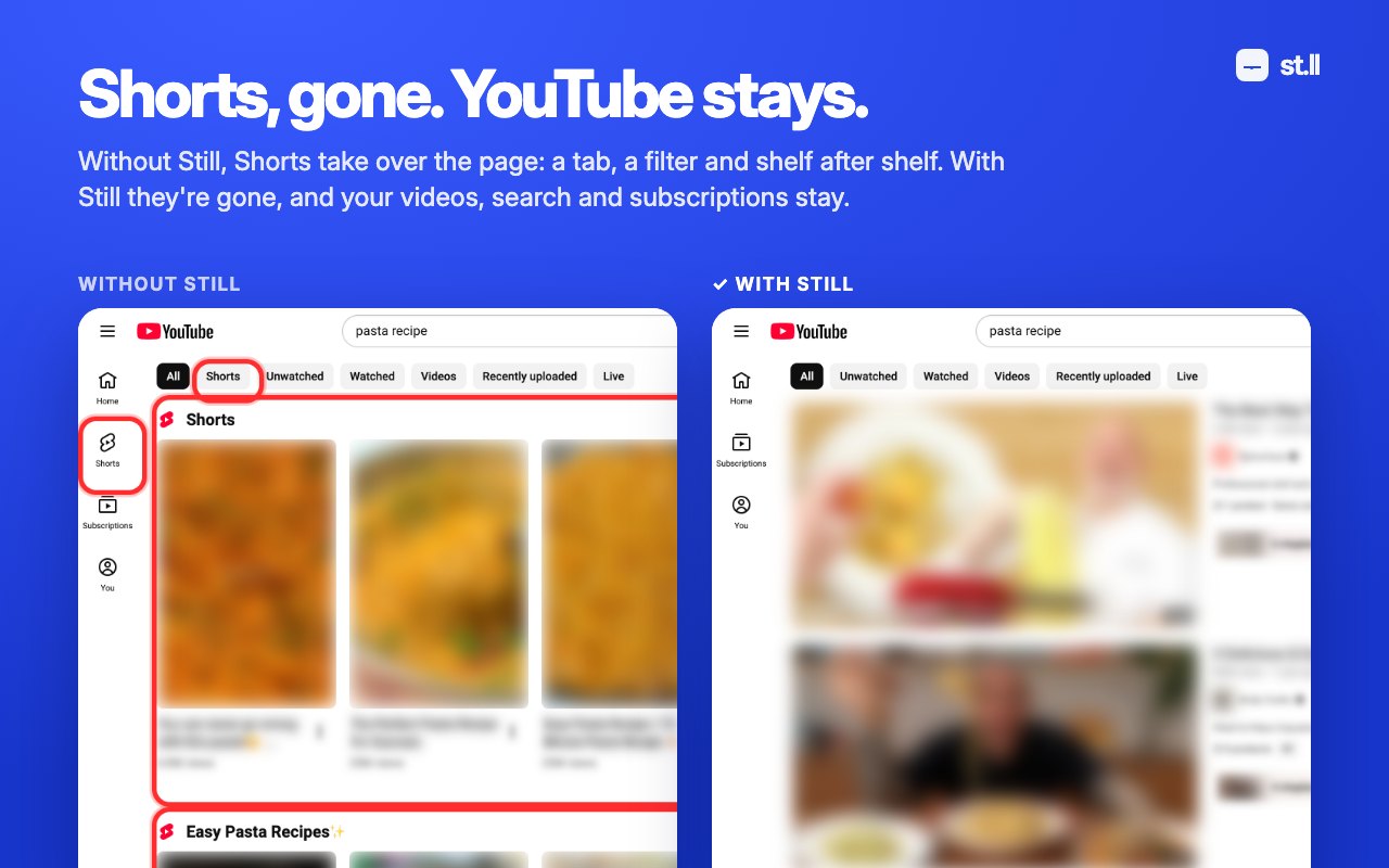 YouTube search results side by side: without Still, a Shorts shelf, a Shorts tab and a Shorts filter; with Still, only regular videos. Other people's videos are blurred.
